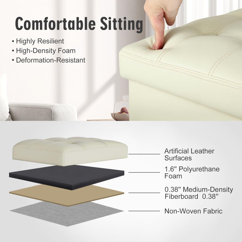BelugaHelper Ottoman with Storage, Slim Tall Foot Rest Stool with Thicker Foam Padded Seat. Folding Leather Storage Ottoman Furniture with Handles & Side Pocket for Living Room Bedroom 350 lbs, 17x13x17in, Beige - Image 5