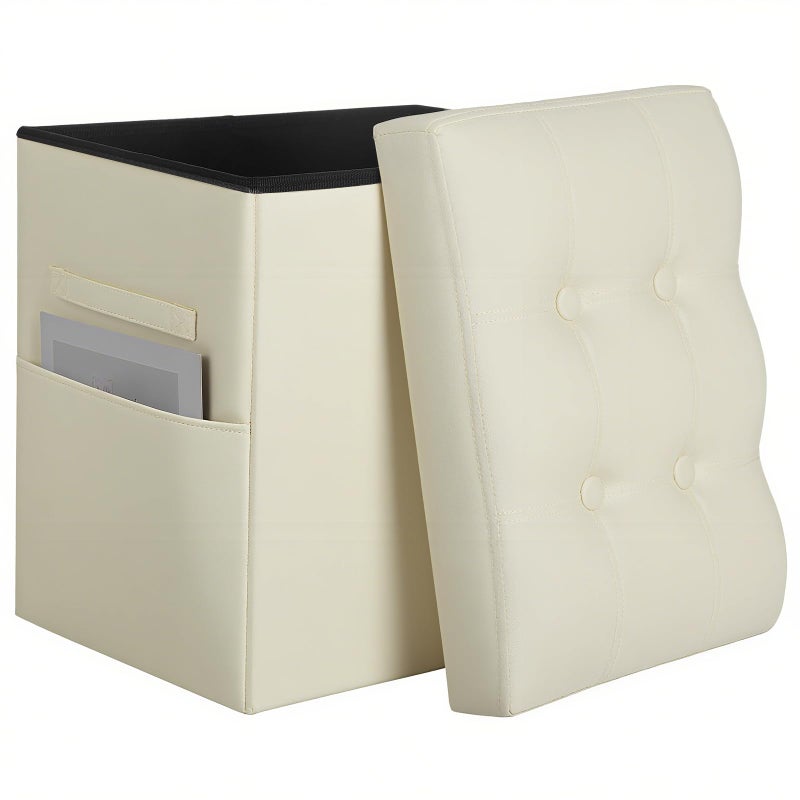 BelugaHelper Ottoman with Storage, Slim Tall Foot Rest Stool with Thicker Foam Padded Seat. Folding Leather Storage Ottoman Furniture with Handles & Side Pocket for Living Room Bedroom 350 lbs, 17x13x17in, Beige - Image 1