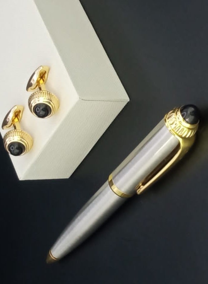 A luxurious and elegant pen and cufflink set with a box