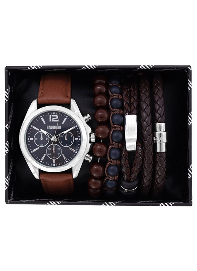 ANDIAMO Men's Analog Silver Case Brown Leather Strap Set Watch 