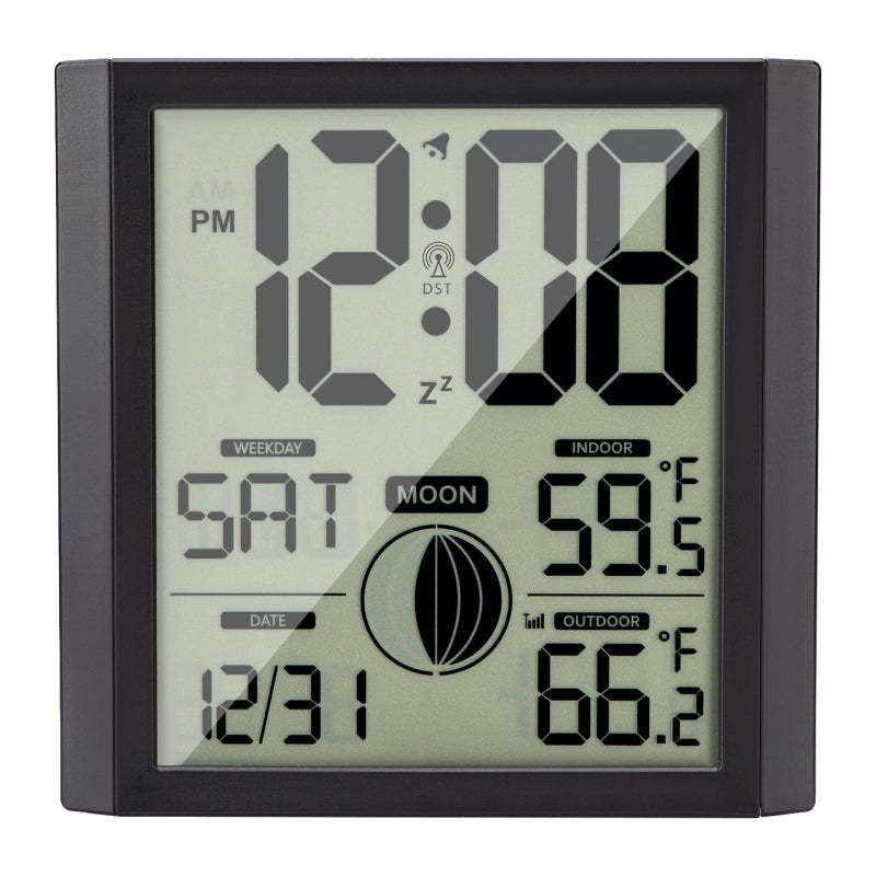 Warminn Atomic Wall Clock with Indooroutdoor Temp Large Number Display Silent Battery Operated Alarm Analog Digital Clocks for Bedroom Dementia Seniors Desk Living Room Office Bathroom Kitchen Shower