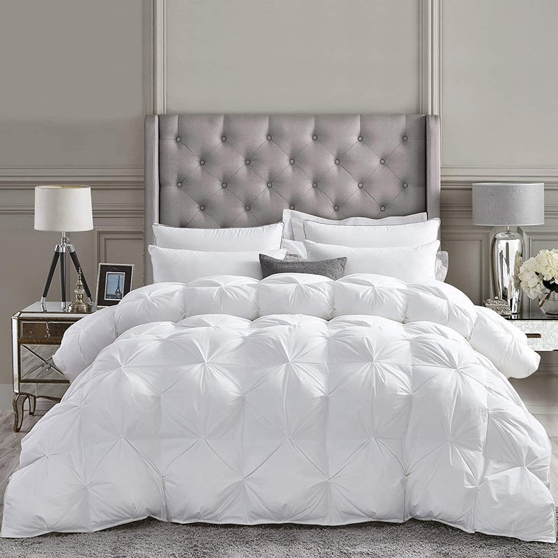 Egyptian Bedding Luxurious Goose Down Feather Fiber Comforter Duvet Insert Exquisite Pinch Pleat White Design Oversize Palatial King White 128 x 98 Premium Baffle Box 100 Egyptian Cotton 80 oz Fill Weight 