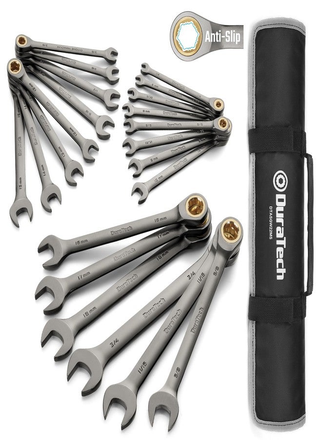 DURATECH Anti-Slip Ratcheting Wrench Set, Combination Wrench Set, 22-piece, Metric & SAE, 1/4" to 3/4" & 6-18mm, 72-Tooth, CR-V Steel, Nickel Plating, with Pouch - Image 1
