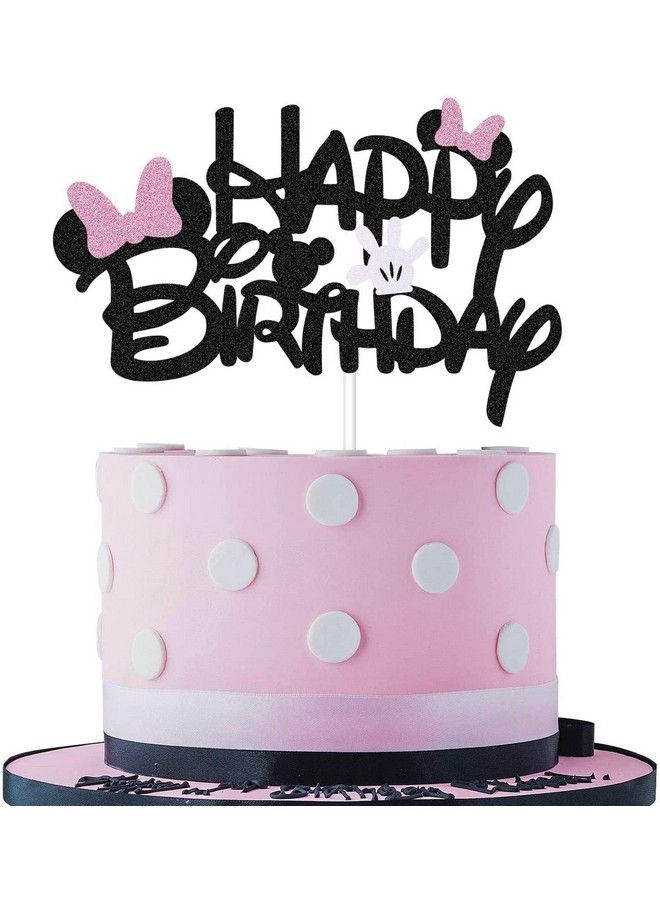 BOGZON Black Glitter Minnie Inspired Happy Birthday Cake Topper With Pink Bows And White Gloves Girls Birthday Party Decorations Supplies - Image 1