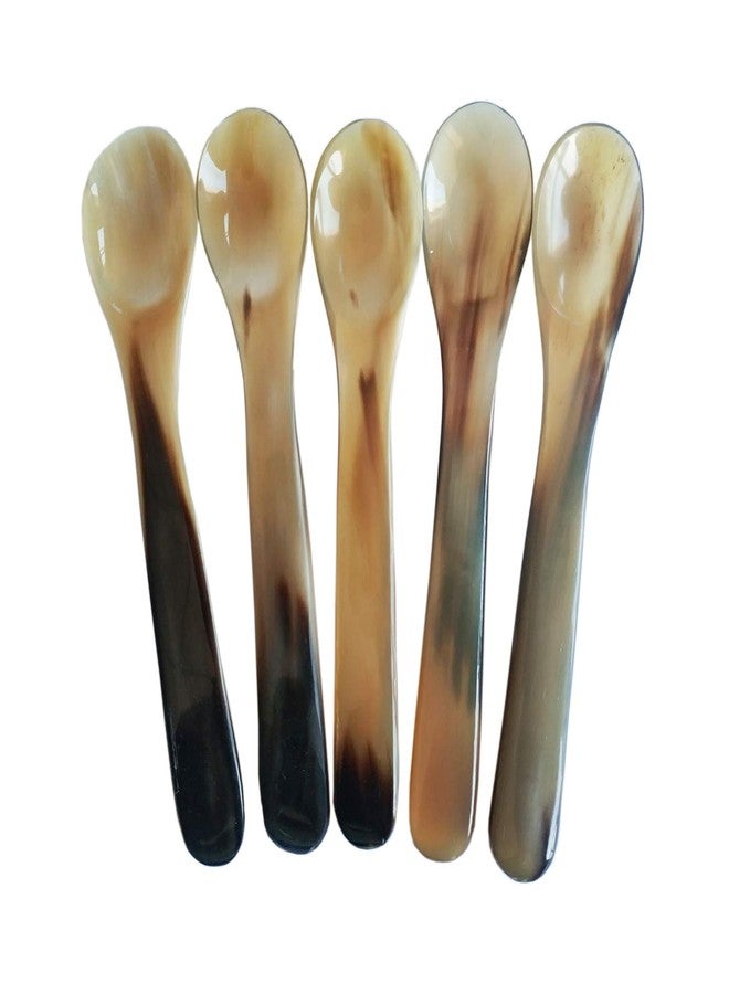 DUEBEL Set of 5 Naturally Handcrafted Buffalo Horn Spoons, 5.6" x 1.1" Dinner Ware Serving Spoon (Light Color) - Image 1