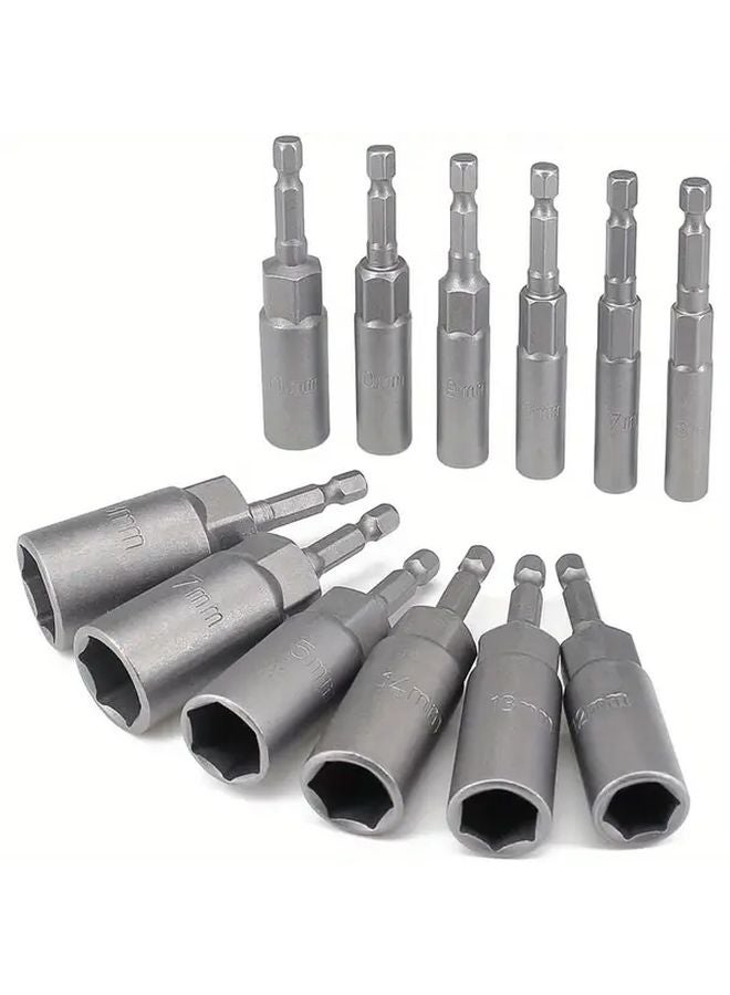 12Pcs Deep Hole Hex Wrench Set 6 19mm Hex Nut Installer Drill Bit Set 1 4 Inch Hex Shank Long Rod Impact Drive Bolt Extractor Metal Material Variants - Image 1