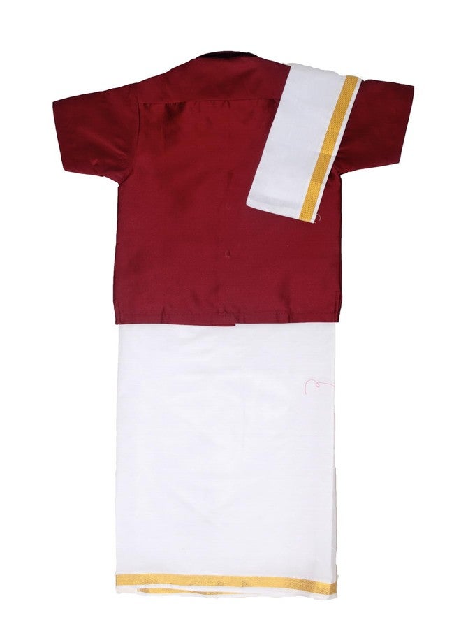 Chandrakala Boys Silk Blend Shirt with Kasavu Mundu, Dupatta & Dhoti Set | Kids Indian Traditional Party Wear | Bollywood Style Wedding Dress for Boys,2-3 Years Maroon-M (KB101MAR3) - Image 2
