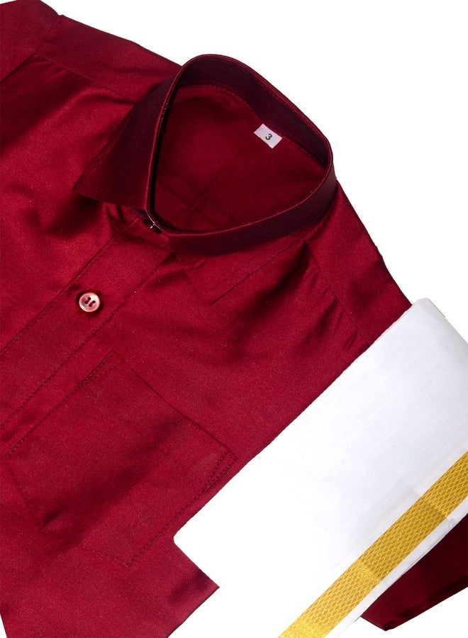 Chandrakala Boys Silk Blend Shirt with Kasavu Mundu, Dupatta & Dhoti Set | Kids Indian Traditional Party Wear | Bollywood Style Wedding Dress for Boys,2-3 Years Maroon-M (KB101MAR3) - Image 5