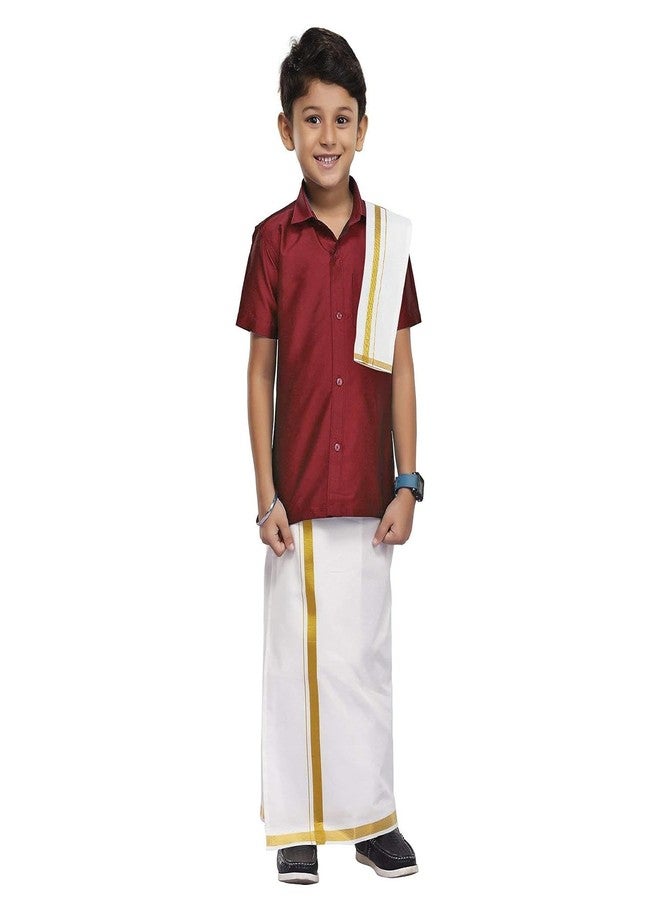 Chandrakala Boys Silk Blend Shirt with Kasavu Mundu, Dupatta & Dhoti Set | Kids Indian Traditional Party Wear | Bollywood Style Wedding Dress for Boys,2-3 Years Maroon-M (KB101MAR3) - Image 1