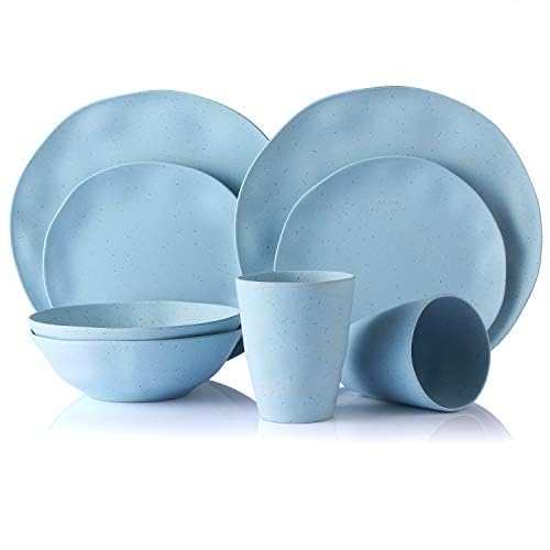 MORGIANA 8 pcs Reusable Bamboo Dinnerware Set  Bamboo Camping Dishes with Bamboo Bowls Plates Dishes for 2 (Blue) - Image 1
