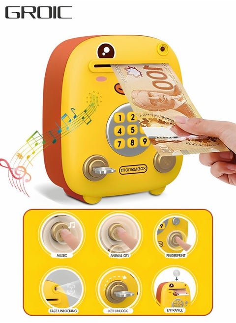 Intelligent Piggy Bank Electronic Mini ATM Savings Machine with Personal Password & Simulate Fingerprint & Face Simulation Unlock, Cartoon Music Piggy Bank Toy