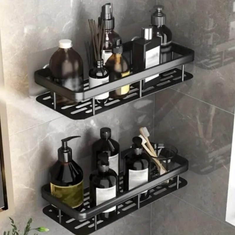 LAYZOO | Multipurpose Aluminium Bathroom Wall Mounted Storage Organizer Shelf Holder/Rack/Bathroom Accessories (Pack of 2, Black) - Image 1