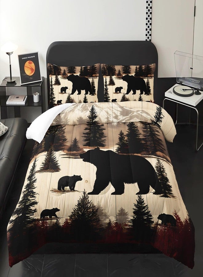 XYNHML Western Rustic Bears Hunt Animal Comforter 3Pcs Queen Wildlife Black Bear Forest Bedding Set for Kid Teen Boy Girl Adult Snow Mountain Pine Tree Quilt Bed Decor with 1 Comforter & 2 Pillowcases - Image 1