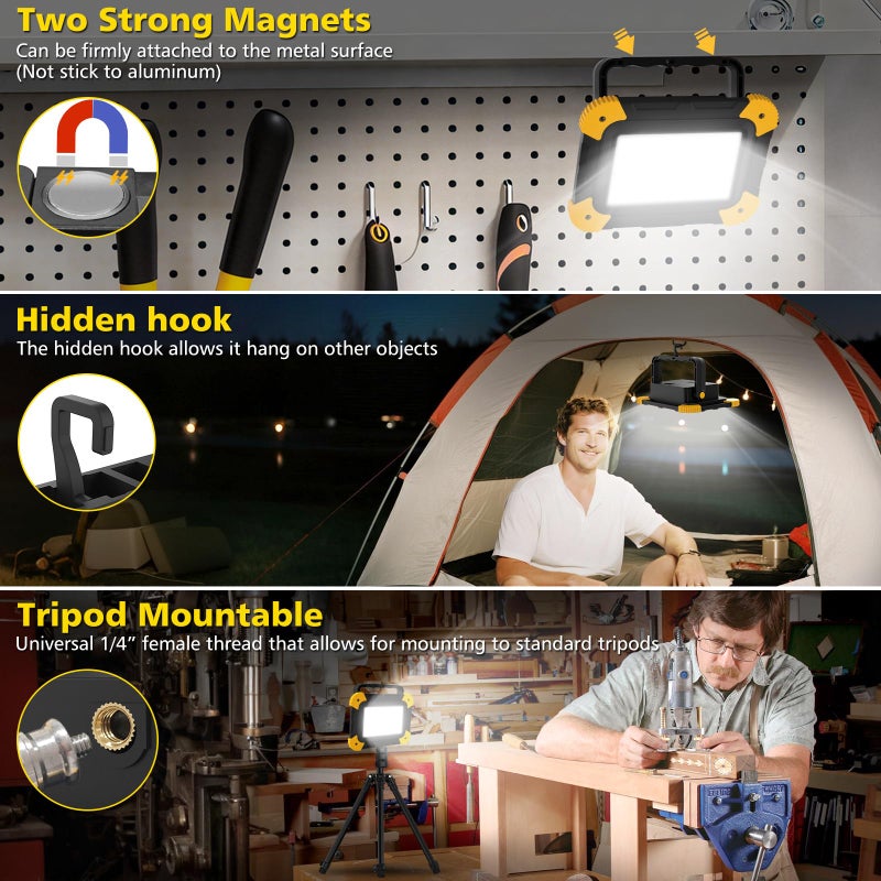 T-SUN Rechargeable Work Light, Portable Cordless 5 Modes 180Â° Rotate LED Work Light with USB & Type C Charging Port, for Workshop,Emergency and Job Site Garage Camping Car Repair, Gifts for Men-2 Pack - Image 4
