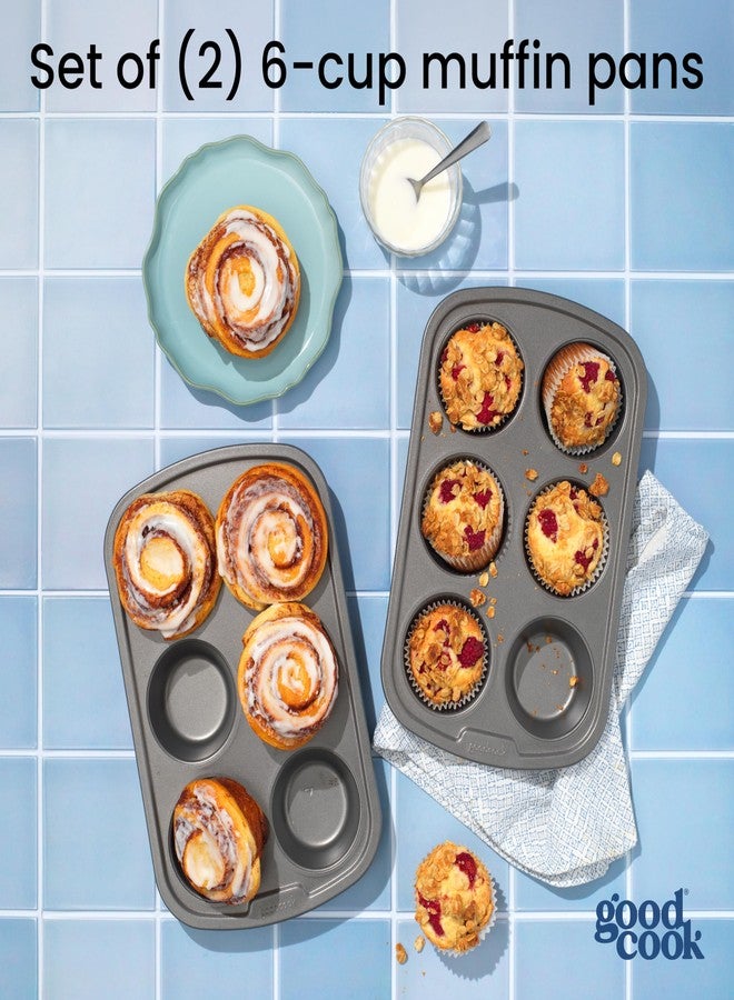 GoodCook Everyday Muffin Pan Set of 2 Nonstick Cupcake Pans, Warp & Scratch-Resistant Dishwasher-Safe Steel Construction for Even Baking With or Without Liners, 6-Cup, Gray - Image 3