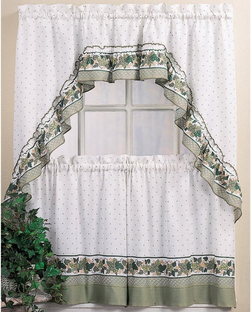 CHF & You Garden Ivy White and Green Country Curtain Tier and Swag Set, Multi, 56-Inch x 36-Inch - Image 1
