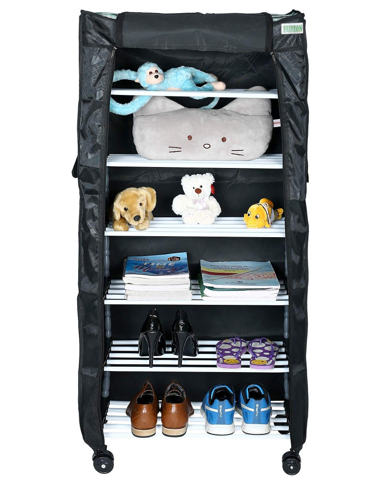 FLIPZON Multipurpose 6 Shelves/Layer Shoe Rack Organizer with Wheels and Dustproof Cover | Portable Smart Storage Rack Organizer with Zip Cover Easy to Move (Metal & Plastic, Multicolour) - Image 1