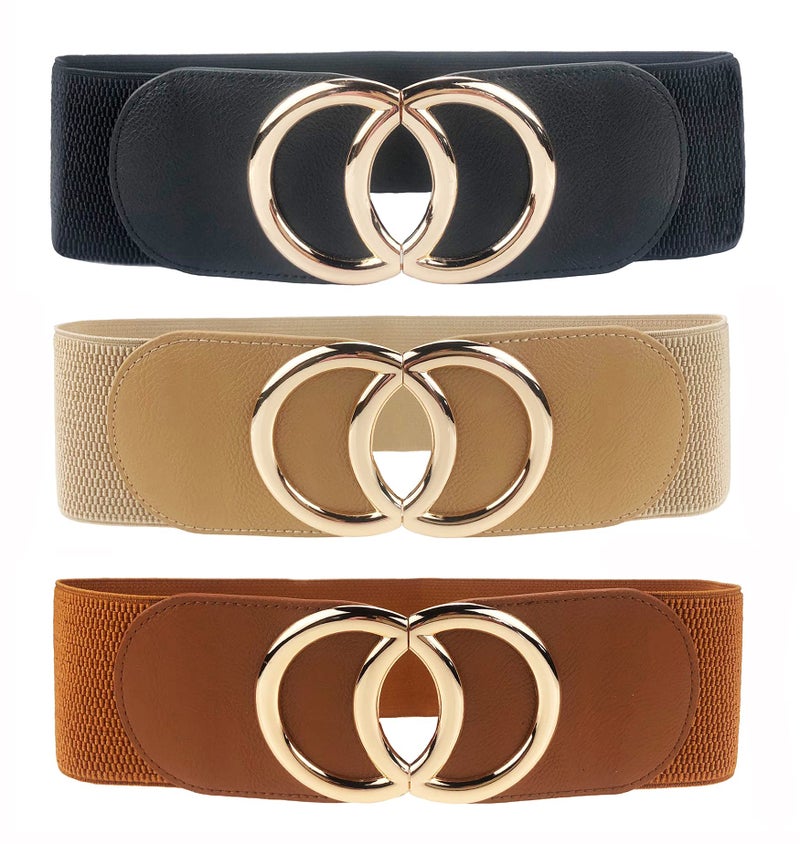 Swtddy Women's Elastic Wide Stretchy Waist Cinch Belt Waistband For Dresses (Suit For Waist Size 36"-45", Golden O Design Black+Khaki+Camel) - Image 1