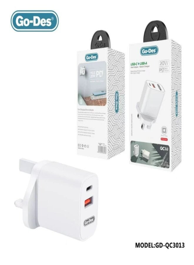 جو-ديز Go-Des 20W محول السفر شاحن الحائط USB-A نوع C شحن سريع شاحن الهاتف المحمول - Image 2