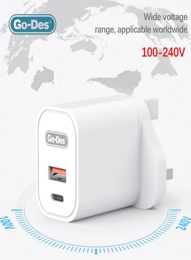 جو-ديز Go-Des 20W محول السفر شاحن الحائط USB-A نوع C شحن سريع شاحن الهاتف المحمول - Image 3