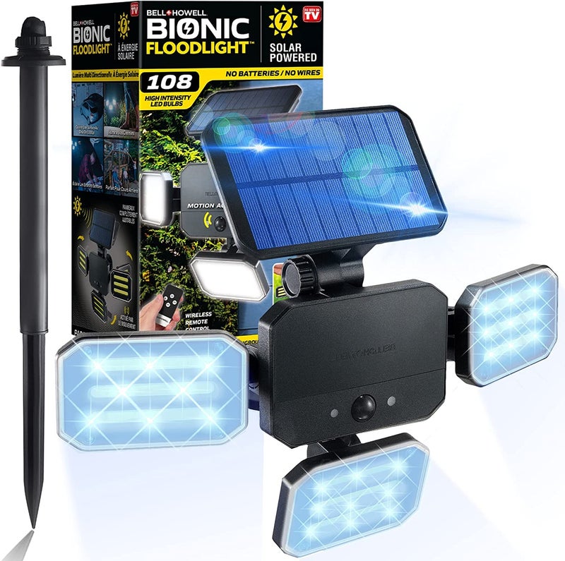 Bell Howell Bell+Howell Bionic Floodlight with Motion Sensing - Solar Outdoor Lights 108 High Power LED Bulbs Adjustable, Swiveling Panels for Garden Patio and Lawn As Seen On TV - Image 1