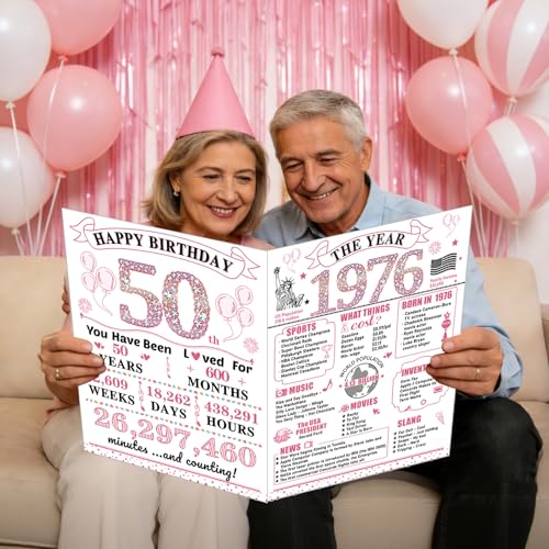 Uiorgui Large 50th Birthday Cards for Women, Happy 50th Birthday Greeting Card with Envelope Jumbo 1976 Fifty Guest Book Funny 50 Year Old Bday Gifts Decorations for Daughter Mom Wife Sister - Image 4