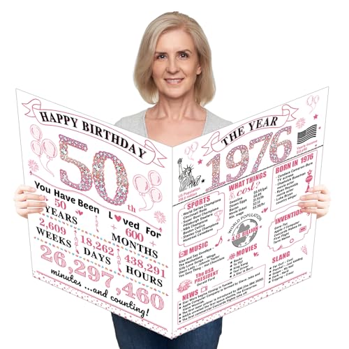 Uiorgui Large 50th Birthday Cards for Women, Happy 50th Birthday Greeting Card with Envelope Jumbo 1976 Fifty Guest Book Funny 50 Year Old Bday Gifts Decorations for Daughter Mom Wife Sister - Image 1