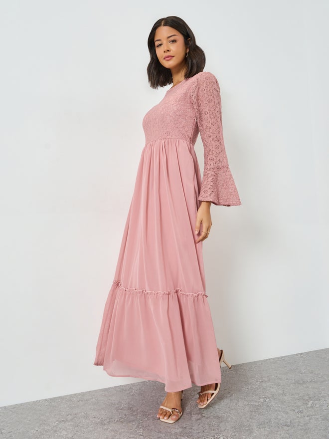 Styli Pink Lace A-Line Maxi Dress - Image 1