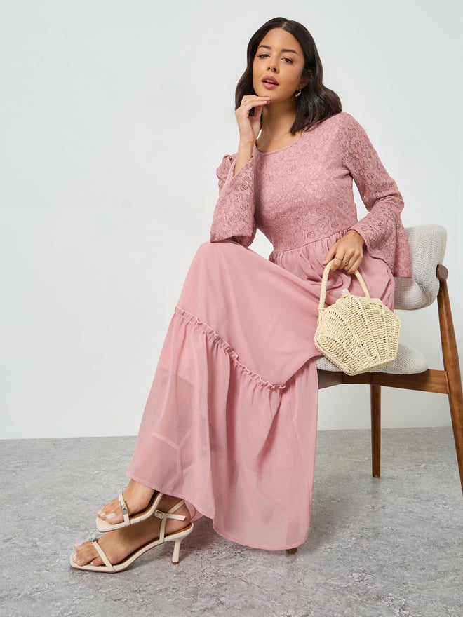 Styli Pink Lace A-Line Maxi Dress - Image 3