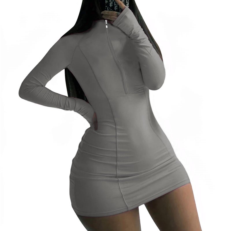 TINYHI Front Zipper Bodycon Dress Long Sleeve Curvy Club Grey,M - Image 5