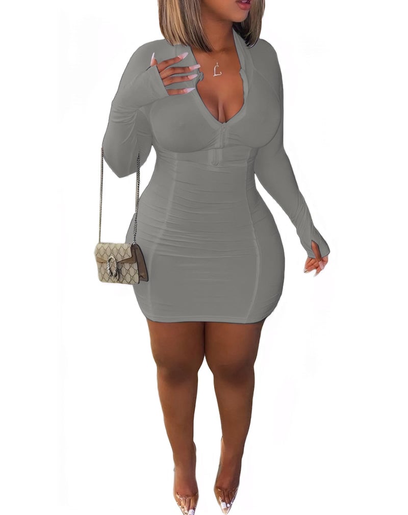 TINYHI Front Zipper Bodycon Dress Long Sleeve Curvy Club Grey,M - Image 2