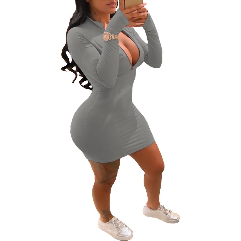 TINYHI Front Zipper Bodycon Dress Long Sleeve Curvy Club Grey,M - Image 1
