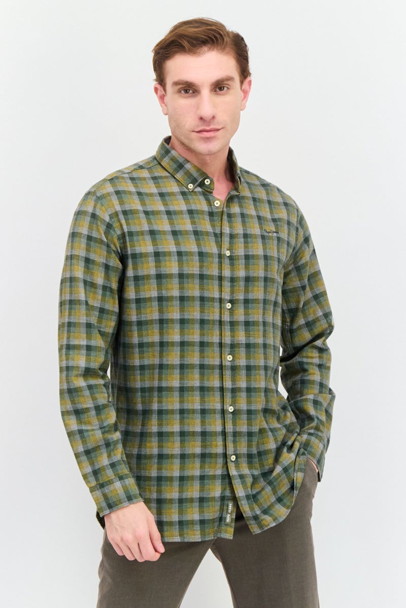 Pepe Jeans Men Regular Fit Brand Logo Long Sleeve Casual Shirt, Green Combo - Image 1