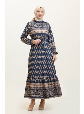 Sefa Merve Patterned Dress 0367-02 Navy Blue Mink  - Image 2