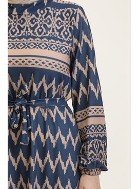 Sefa Merve Patterned Dress 0367-02 Navy Blue Mink  - Image 4