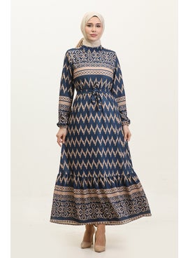 Sefa Merve Patterned Dress 0367-02 Navy Blue Mink  - Image 1
