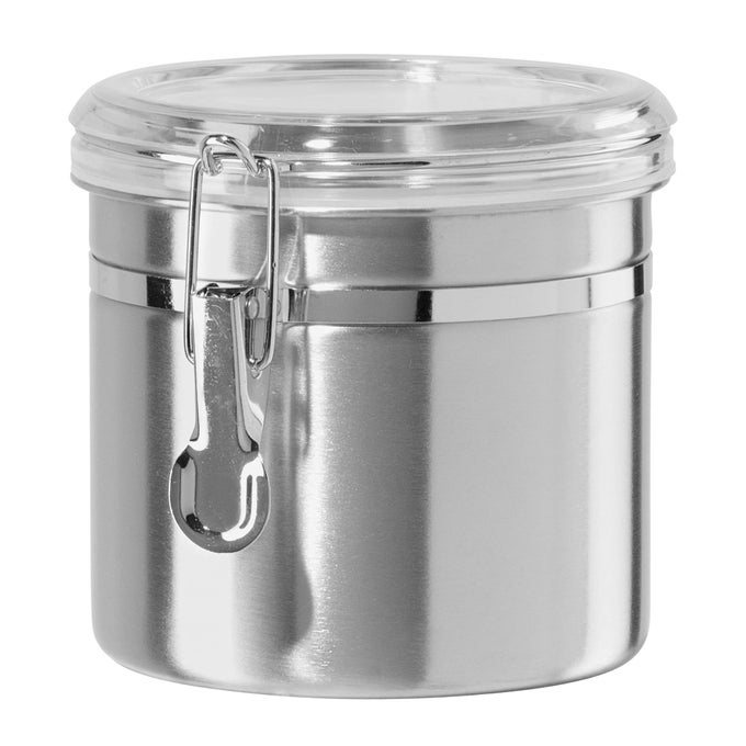 36OUNCE STAINLESS STEEL CANISTER WITH CLEAR ACRYLIC LID AND LOCKING CLAMP