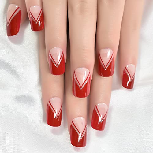 Gush Beauty Press On Nails | Reusable Nail Extensions | Artificial Fake Nails Set | For women (Red Edge - Medium Square) - Image 1