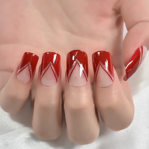 Gush Beauty Press On Nails | Reusable Nail Extensions | Artificial Fake Nails Set | For women (Red Edge - Medium Square) - Image 2