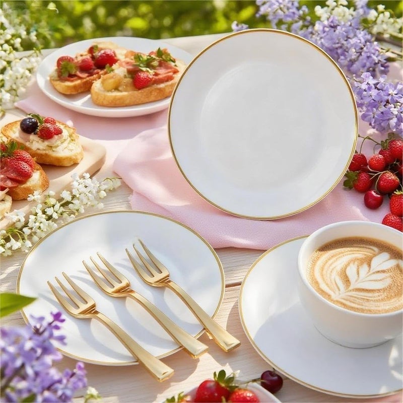 Festiva 200Pcs Gold Dessert Plates 6.3" with Forks 5"- Small Disposable Dessert/Cake/Appetizer Plates Plates- serve 100 guests include 100Plates 100Forks for Wedding & Easter Party &Valentine's Day - Image 5
