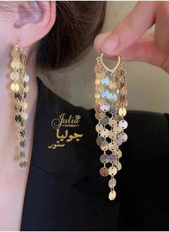 جوليا ستور أقراط شرابة معدنية من الترتر شرابة على شكل قرص للنساء أقراط عصرية أنيقة مطلية بالذهب عيار 18 قيراط مصنوعة يدويًا من بوهو خفيفة الوزن للغاية أقراط متدلية من متجر جوليا  - Image 2