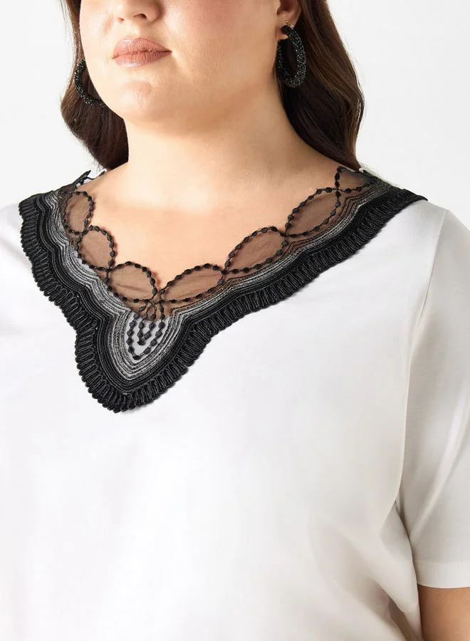 Ulla Popken Plus Size Ulla Popken Lace Detail V-neck T-shirt with Short Sleeves