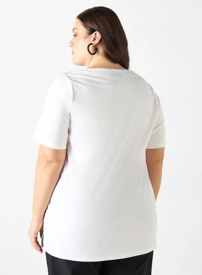 Ulla Popken Plus Size Ulla Popken Lace Detail V-neck T-shirt with Short Sleeves