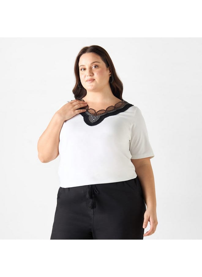 Ulla Popken Plus Size Ulla Popken Lace Detail V-neck T-shirt with Short Sleeves  - Image 1