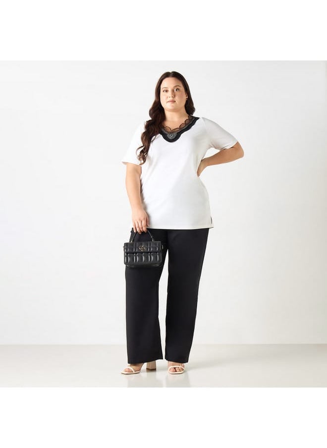 Ulla Popken Plus Size Ulla Popken Lace Detail V-neck T-shirt with Short Sleeves  - Image 2