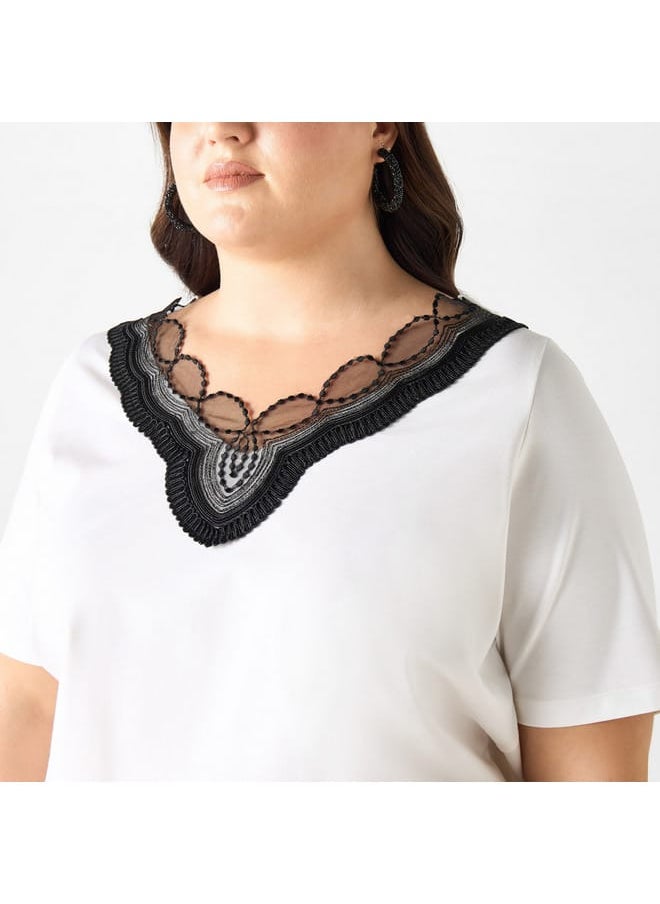Ulla Popken Plus Size Ulla Popken Lace Detail V-neck T-shirt with Short Sleeves  - Image 4