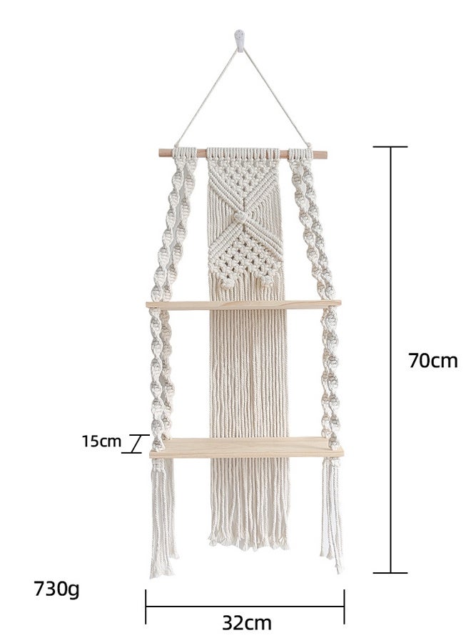 HOMESTAR 1 Pack Macrame Wall Hanging Shelf 2 Tier Handmade Boho Hanging Wall Shelf Floating Woven Rope Decorative Storage Racks Holder Organizer for Home Bedroom Bathroom Plants, Beige - Image 4