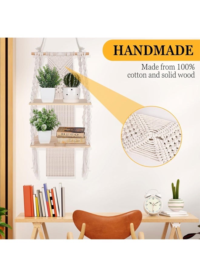 HOMESTAR 1 Pack Macrame Wall Hanging Shelf 2 Tier Handmade Boho Hanging Wall Shelf Floating Woven Rope Decorative Storage Racks Holder Organizer for Home Bedroom Bathroom Plants, Beige - Image 3