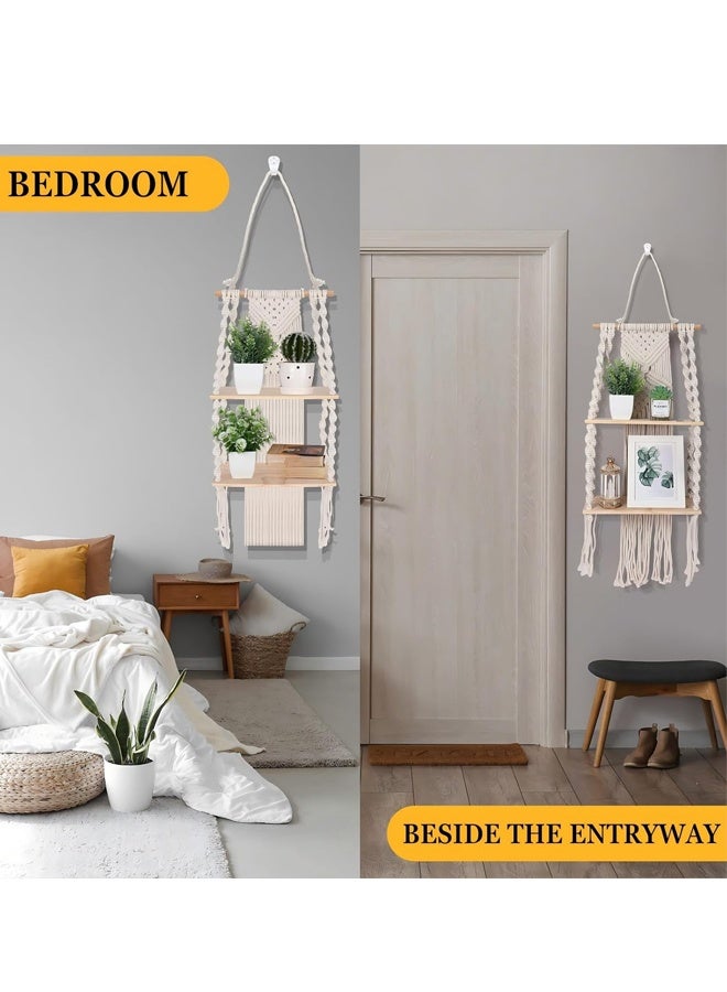 HOMESTAR 1 Pack Macrame Wall Hanging Shelf 2 Tier Handmade Boho Hanging Wall Shelf Floating Woven Rope Decorative Storage Racks Holder Organizer for Home Bedroom Bathroom Plants, Beige - Image 2