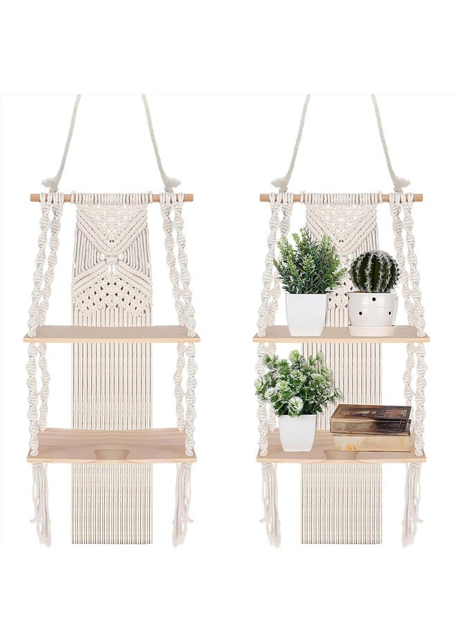 HOMESTAR 1 Pack Macrame Wall Hanging Shelf 2 Tier Handmade Boho Hanging Wall Shelf Floating Woven Rope Decorative Storage Racks Holder Organizer for Home Bedroom Bathroom Plants, Beige - Image 1